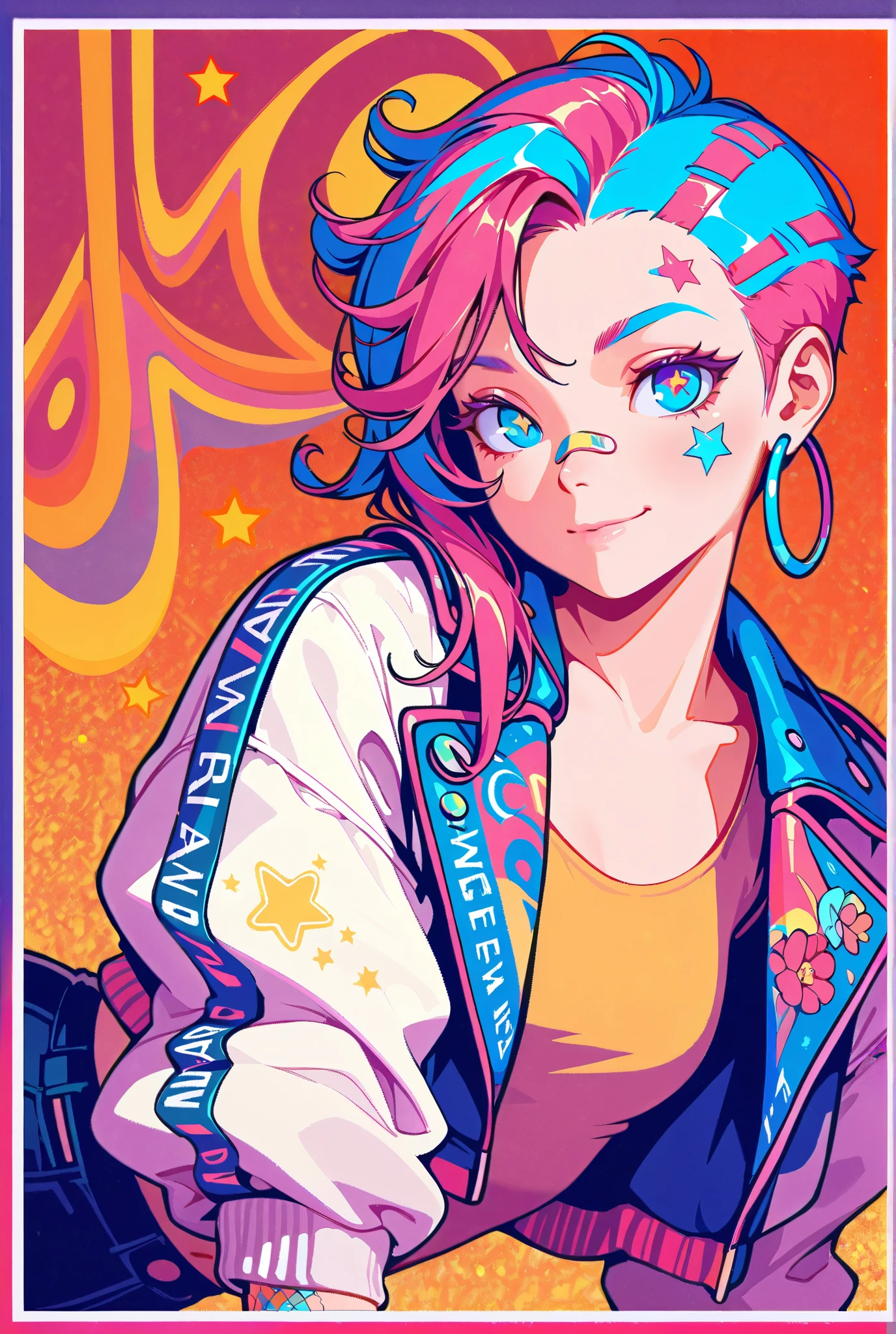 Earrings, Stars, Jacket, January, Japanese Illustration Style, Asymmetrical Hair, Expressive Hair, 1 girl, Cyber Punk, Textured Skin, Colored Inner Hair, Multicolored Hair, Jazzy, Anatomically Correct, Android Girl, High Resolution, Ultra-Wide, Angle, Cut-in, Closed Mouth, Flower-Shaped Pupils, Character Design, Atmosphetic Perspective, Blue eyes, Soft Colors, Solo, Smile, Punk Woman, Slender and flexible body, Solo, Accurate, Action Painting, Cinematic Lighting, Timeless, Naughty, Colored Eyelashes, Hoop Earings, Pop Art, Gradient Eye Color, Mismatched Pupils, Pensive, Masterpiece