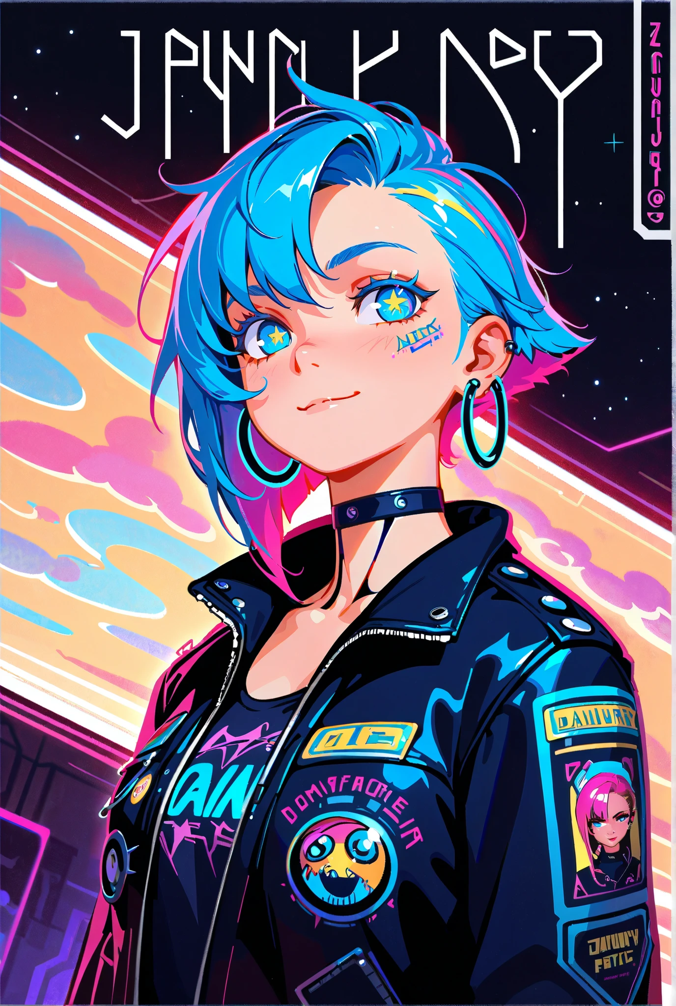 Earrings, Stars, Jacket, January, Japanese Illustration Style, Asymmetrical Hair, Expressive Hair, 1 girl, Cyber Punk, Textured Skin, Colored Inner Hair, Multicolored Hair, Jazzy, Anatomically Correct, Android Girl, High Resolution, Ultra-Wide, Angle, Cut-in, Closed Mouth, Flower-Shaped Pupils, Character Design, Atmosphetic Perspective, Blue eyes, Soft Colors, Solo, Smile, Punk Woman, Slender and flexible body, Solo, Accurate, Action Painting, Cinematic Lighting, Timeless, Naughty, Colored Eyelashes, Hoop Earings, Pop Art, Gradient Eye Color, Mismatched Pupils, Pensive, Masterpiece