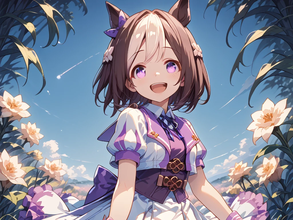 best quality, absurdres, masterpiece, 1人の女の子
special week \(Uma Musume\), 
ear bow, purple bow, puffy short sleeves, neck ribbon, blue ribbon, cropped jacket, white jacket, two-tone jacket, collared shirt, white shirt, purple vest, wristband, wrist cuffs, white skirt, pleated skirt, two-tone skirt, frilled skirt, frills,   zettai ryouiki, white thighhighs, white footwear, purple footwear, asymmetrical footwear, mismatched footwear, Durable sneakers, looking at viewer, in the field of flowers, surrounded by stars and stardust, at midnight, from front, moonlight, happy, laughing, blush, tall, 30-year-old, adult, cute, beautiful, standing, upper body