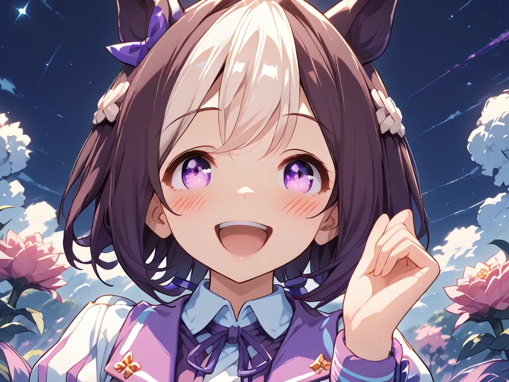 best quality, absurdres, masterpiece, 1人の女の子
special week \(Uma Musume\), 
ear bow, purple bow, puffy short sleeves, neck ribbon, blue ribbon, cropped jacket, white jacket, two-tone jacket, collared shirt, white shirt, purple vest, wristband, wrist cuffs, white skirt, pleated skirt, two-tone skirt, frilled skirt, frills,   zettai ryouiki, white thighhighs, white footwear, purple footwear, asymmetrical footwear, mismatched footwear, Durable sneakers, looking at viewer, in the field of flowers, surrounded by stars and stardust, at midnight, from front, moonlight, happy, laughing, blush, tall, 30-year-old, adult, cute, beautiful, standing, upper body