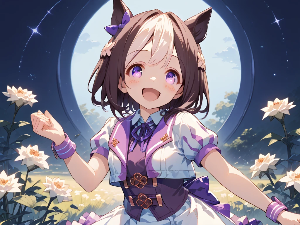 best quality, absurdres, masterpiece, 1人の女の子
special week \(Uma Musume\), 
ear bow, purple bow, puffy short sleeves, neck ribbon, blue ribbon, cropped jacket, white jacket, two-tone jacket, collared shirt, white shirt, purple vest, wristband, wrist cuffs, white skirt, pleated skirt, two-tone skirt, frilled skirt, frills,   zettai ryouiki, white thighhighs, white footwear, purple footwear, asymmetrical footwear, mismatched footwear, Durable sneakers, looking at viewer, in the field of flowers, surrounded by stars and stardust, at midnight, from front, moonlight, happy, laughing, blush, tall, 30-year-old, adult, cute, beautiful, standing, upper body