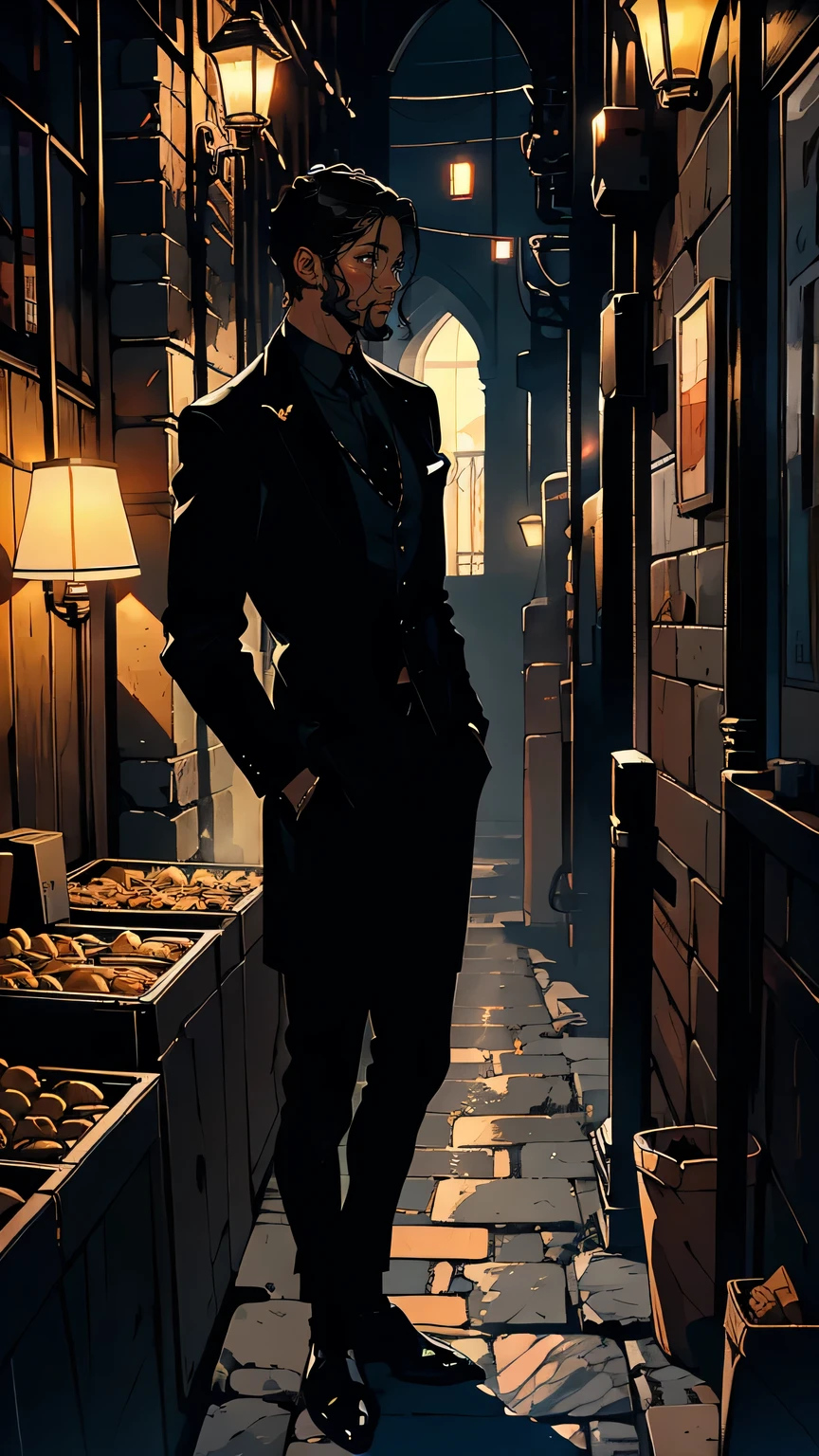 “A young Italian man in his late twenties, wearing a tailored dark suit with a black dress shirt, standing in a dimly lit Sicilian alleyway. His expression is thoughtful yet conflicted, with short, neatly groomed dark hair and a light beard. His sharp eyes convey intelligence and inner turmoil. Behind him, narrow cobblestone streets and old stone buildings with shadows falling across them. The dim glow of streetlights casts a warm, moody atmosphere. His posture is tense, as if he carries the weight of family expectations.”