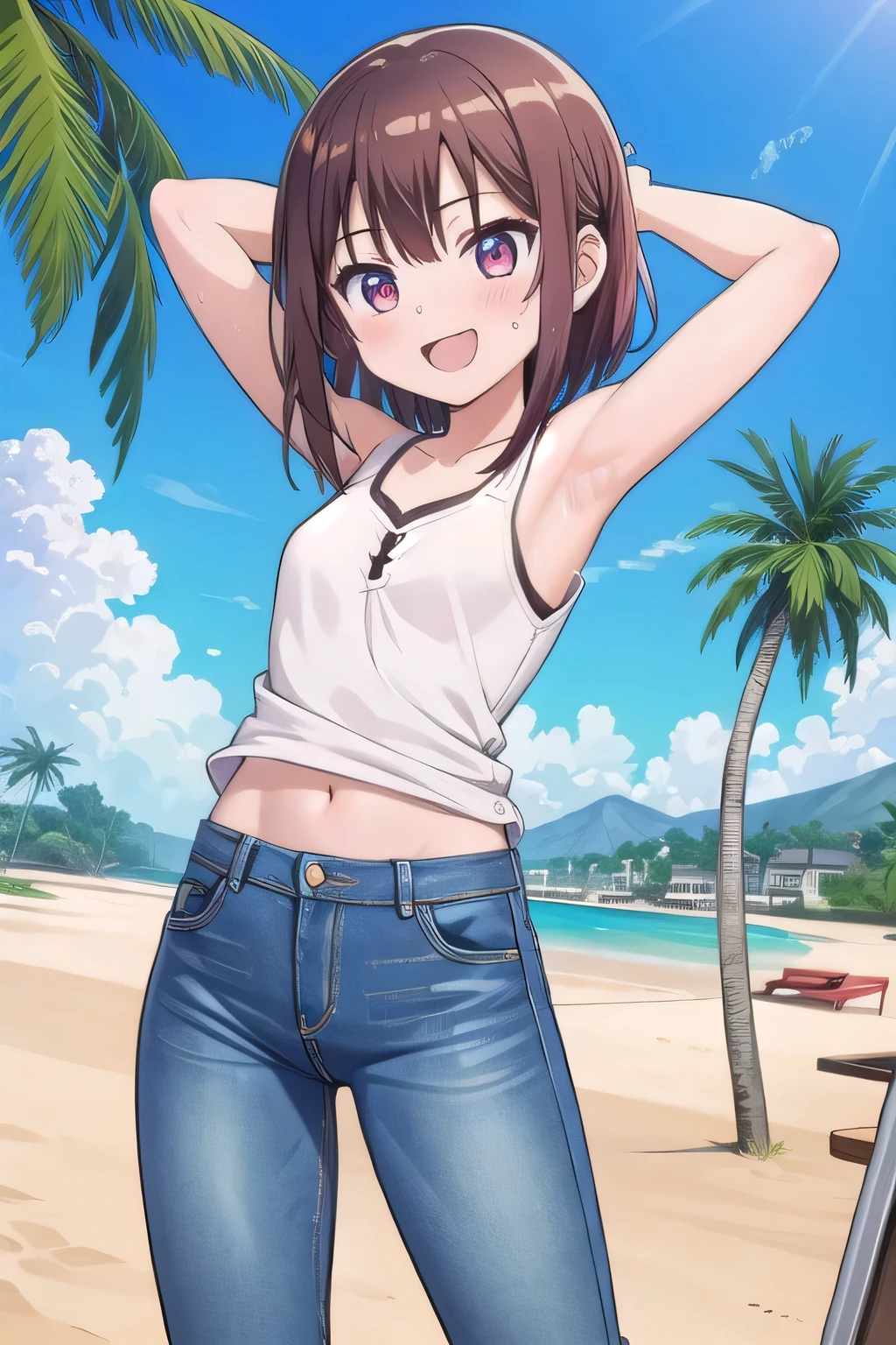 masterpiece,best quality,ultra detail,1girl, yo, pee, ((round face, ecstasy, orgasm face, drooping eyes, shame smiling, blush)), dropping eyes, sleepy, background((under the beach, (day:1.2), palm tree, bright sky)), megumin, brown hair, short hair, arms behind head, contrapposto, spread armpits, looking at viewer,, white tank top, white crop top, (jeans pants:1.2, flares jeans:1.2, skinny jeans:1.2, blue jeans:1.2), standing, (legs spread:1.2), dynamic pose, Sweaty crotch, Steam from the crotch, (view wide:1.15), medium body