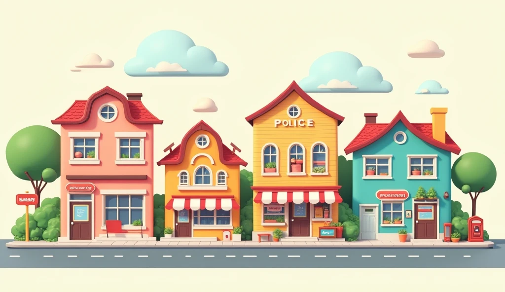 a police station, a bakery, a beverage shop, a post office, a bus stop, cartoon style, 2D flat illustration, (best quality,4k,8k,highres,masterpiece:1.2),ultra-detailed,(realistic,photorealistic,photo-realistic:1.37),vivid colors,soft lighting,minimalist design,clean and simple,no text,cute and whimsical,pastel palette,flat shading,vector art