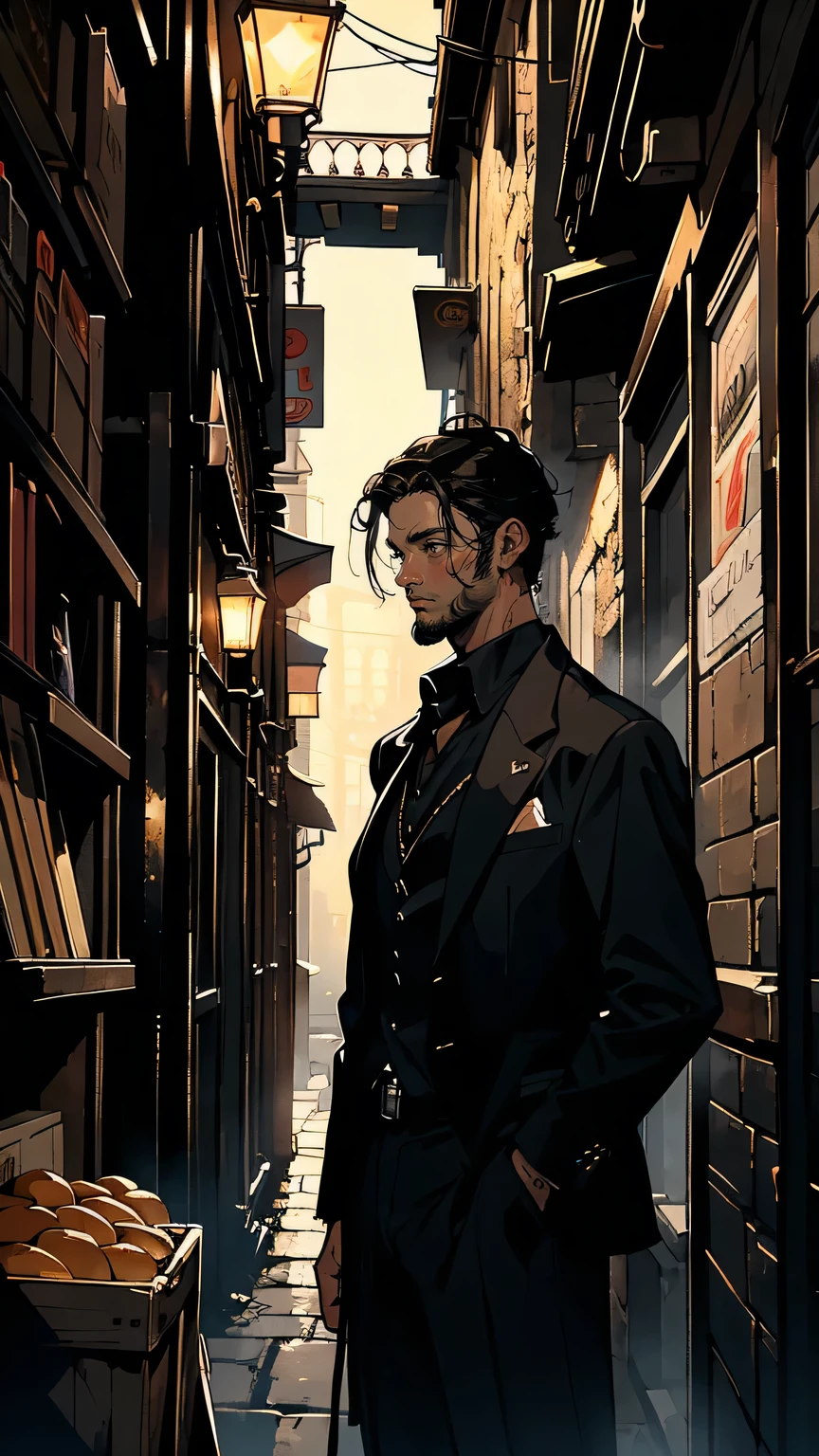 “A young Italian man in his late twenties, wearing a tailored dark suit with a black dress shirt, standing in a dimly lit Sicilian alleyway. His expression is thoughtful yet conflicted, with short, neatly groomed dark hair and a light beard. His sharp eyes convey intelligence and inner turmoil. Behind him, narrow cobblestone streets and old stone buildings with shadows falling across them. The dim glow of streetlights casts a warm, moody atmosphere. His posture is tense, as if he carries the weight of family expectations.”