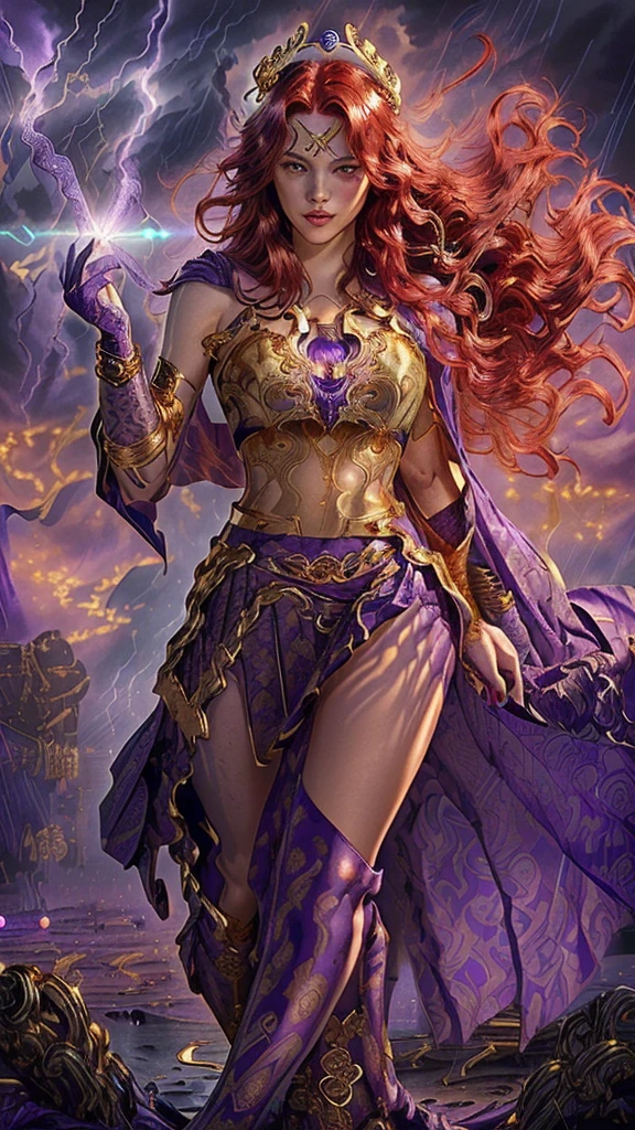 Crie uma deusa do fogo, de beleza radiante, ela utiliza um vestido feito de fogo que cobre todo seu corpo, Her hair is made of blue flames with purple, listras luminosas douradas adornam a roupa, A blue flame burns in one of his hands, and the setting is his kingdom of fire, with golden constructions