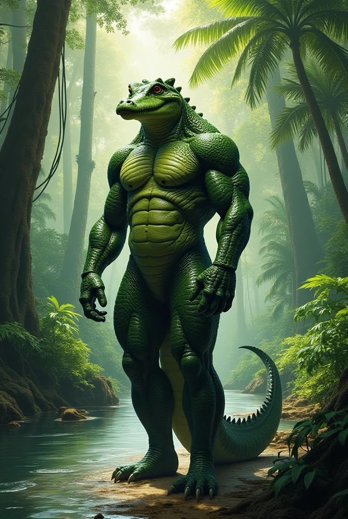 Muscular Green Dragon, drops of sweat, ((posing great)), soft skin, ultra realistic shading, the second, completely naked, suggestive, huge pecs, tribal, bíceps, large and thick genitals, small small waist, thin piece, in a swamp bathing, Very detailed, Sharp focus on the body, perfection, whole body, very large and erect penis. Very detailed, Best Quality, perfect light.