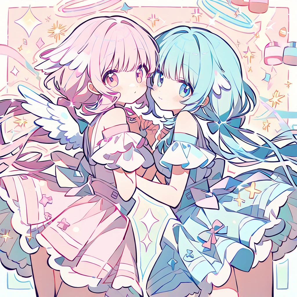 Popular Girls,Sisters，2 people，   pastel color，Angel，Light，Sparkle，Pastel cute 