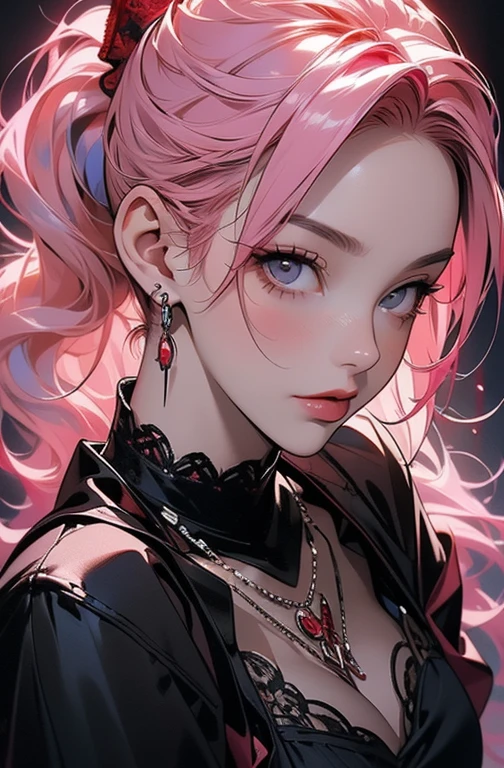 Enchanting Magenta Pink Rogue」Sensual vampire in short magenta pink clothes、Staring at the viewer、Flowing blonde hair、menacing gaze、Sparkling vampire fangs、Stain her pale face、Large, Sharp claws are ready to pounce、In a dark vision of the city at night