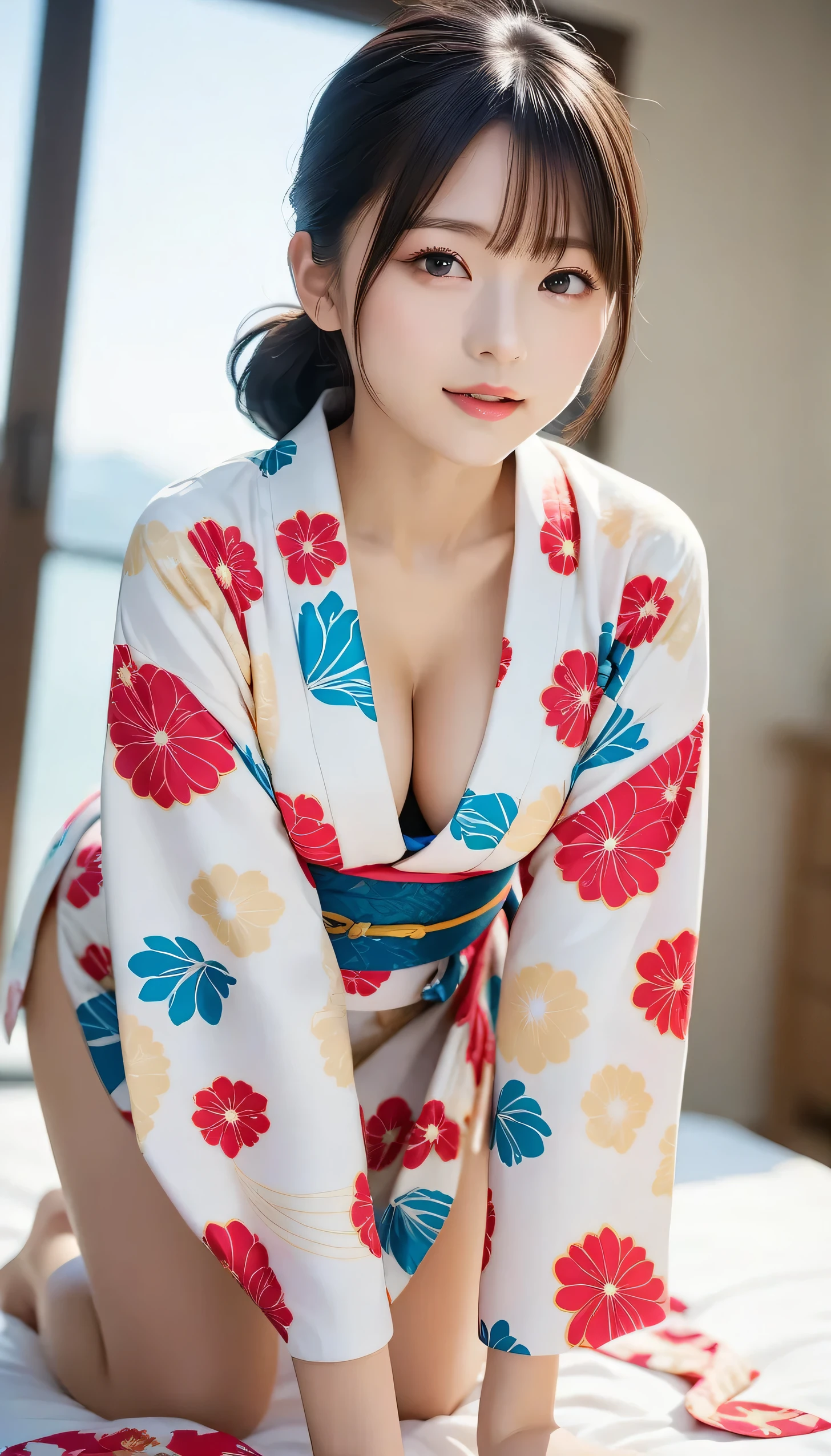 Innocent 20 year old girl、((Wear a yukata with an open chest,thigh visible,Dramatic poses)),Smile,short-cut,Bed background,Raw photo, (8K、top-quality、​masterpiece:1.2)、(intricate detailes:1.4)、(Photorealsitic:1.4)、octane renderings、Complex 3D rendering ultra detail, Studio Soft Light, Rim Lights, vibrant detail, super detailing, realistic skin textures, Detail Face, Beautiful detail eyes, Very detailed CG Unity 16k wallpaper, make - up, (detailedbackground:1.2), shinny skin, Full body、From head to thigh、cleavage of the breast,((Standing on your knees))