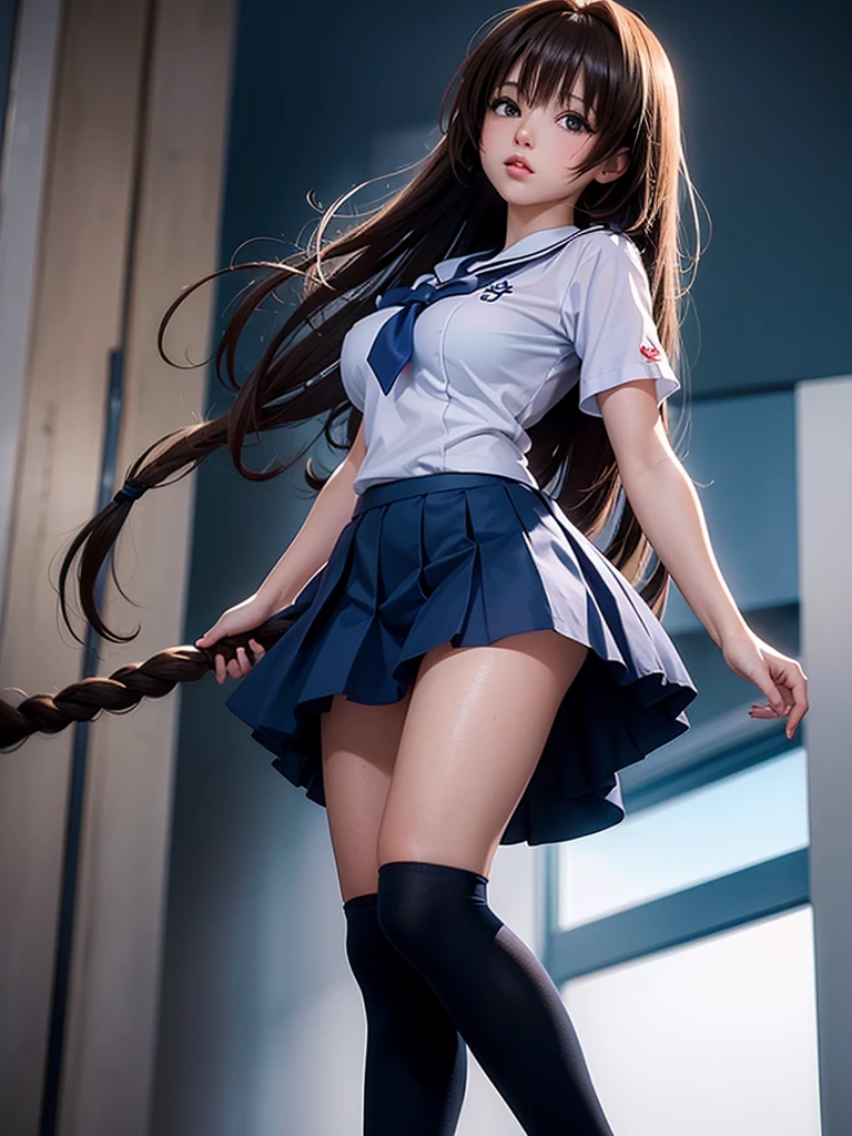 Best quality, high quality, masterpiece, high resolution, ultra detailed, one girl, cute girl, spread pussy, from below, brown hair, long hair, blue sailor skirt, no panties, sailor shirt, black knee high socks, large breasts, 4k