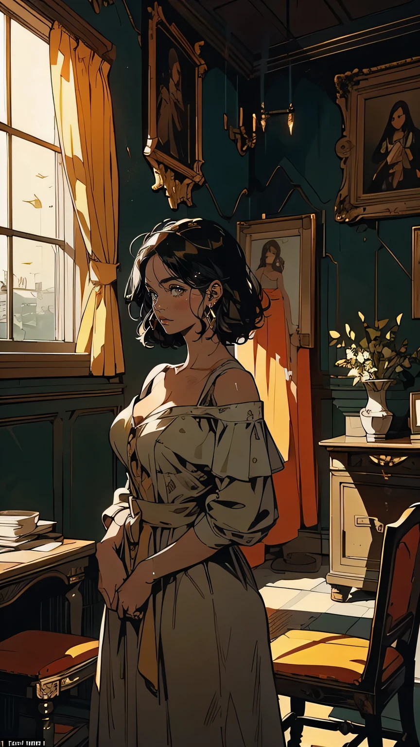 “A beautiful Italian woman in her mid-twenties, standing in front of a large window, bathed in the golden light of the setting sun. She wears a stylish yet traditional dark dress, accentuating her strong yet feminine figure. Her long, wavy dark hair falls over her shoulders, and her expression is one of quiet determination and sadness. The room behind her is an elegant Sicilian manor with antique furniture and portraits on the walls, reflecting her connection to her family’s legacy. She gazes out over a garden, her posture suggesting she is torn between duty and desire.”