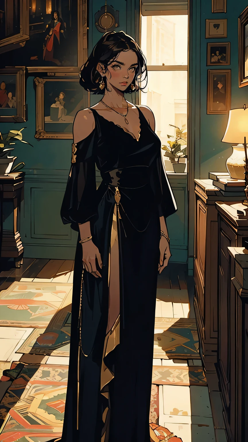 “A beautiful Italian woman in her mid-twenties, standing in front of a large window, bathed in the golden light of the setting sun. She wears a stylish yet traditional dark dress, accentuating her strong yet feminine figure. Her long, wavy dark hair falls over her shoulders, and her expression is one of quiet determination and sadness. The room behind her is an elegant Sicilian manor with antique furniture and portraits on the walls, reflecting her connection to her family’s legacy. She gazes out over a garden, her posture suggesting she is torn between duty and desire.”