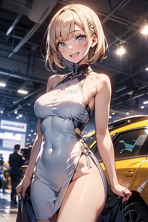 (((masterpiece,best quality,8k))),intricate,1girl,((dark skin)),short hair,((Promotional model)),smile,large breasts,(wide hips;0.3), cowboy shot,microskirt,thigh,stand ,shiny skin,shiny clothes,race queen outfit,race queen outfit,looking at viewer,indoor exhibition hall,((motor show)),many lights,nice hands, perfect hands,,(with sparkling eyes and a contagious smile),open mouth, Artistic depiction of seductive women, Emphasizes her charming silhouette,(with sparkling eyes and a contagious smile),her pubric hair by self touch,Looking at Viewer,