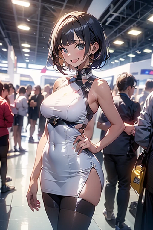 (((masterpiece,best quality,8k))),intricate,1girl,((dark skin)),short hair,((Promotional model)),smile,large breasts,(wide hips;0.3), cowboy shot,microskirt,thigh,stand ,shiny skin,shiny clothes,race queen outfit,race queen outfit,looking at viewer,indoor exhibition hall,((motor show)),many lights,nice hands, perfect hands,,(with sparkling eyes and a contagious smile),open mouth, Artistic depiction of seductive women, Emphasizes her charming silhouette,(with sparkling eyes and a contagious smile),her pubric hair by self touch,Looking at Viewer,