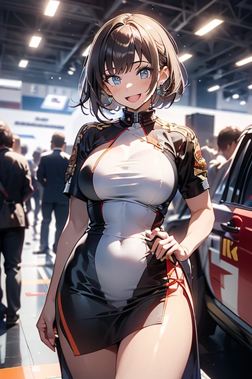 (((masterpiece,best quality,8k))),intricate,1girl,((dark skin)),short hair,((Promotional model)),smile,large breasts,(wide hips;0.3), cowboy shot,microskirt,thigh,stand ,shiny skin,shiny clothes,race queen outfit,race queen outfit,looking at viewer,indoor exhibition hall,((motor show)),many lights,nice hands, perfect hands,,(with sparkling eyes and a contagious smile),open mouth, Artistic depiction of seductive women, Emphasizes her charming silhouette,(with sparkling eyes and a contagious smile),her pubric hair by self touch,Looking at Viewer,