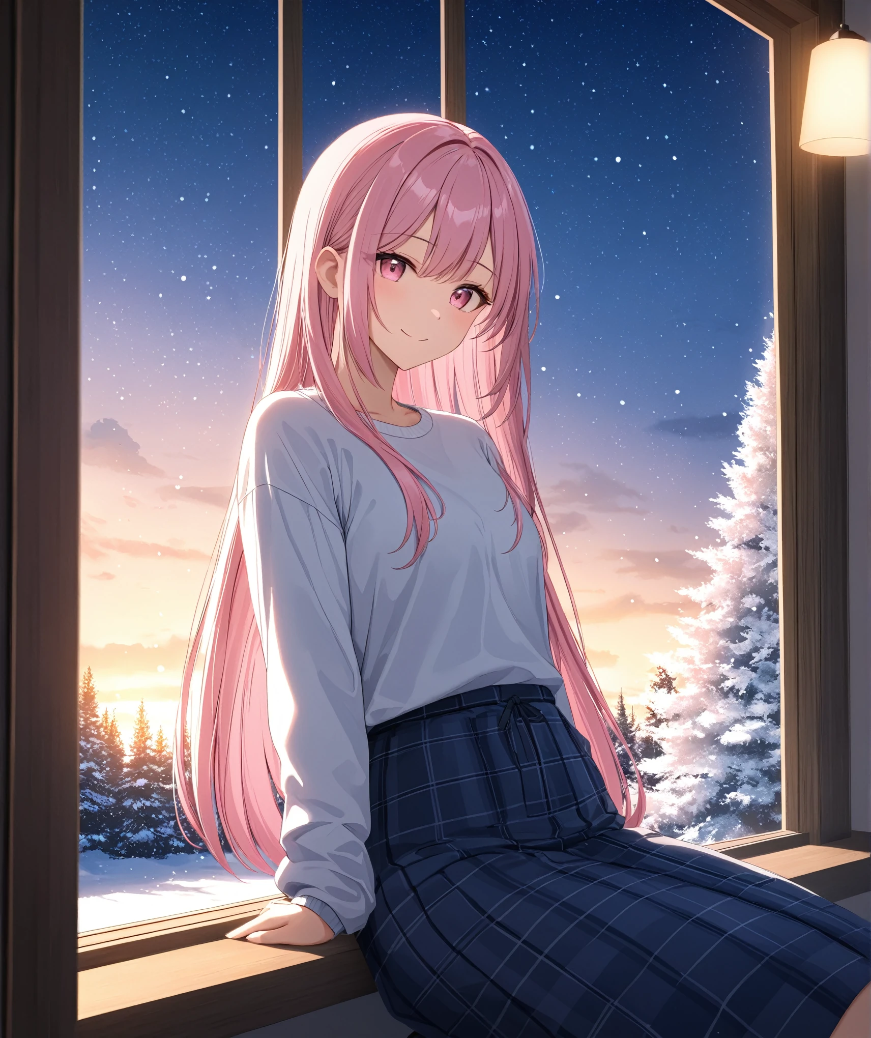 1girl, solo, Pink Shine Bright Hair, hair between eyes, Long hair, loose hair, aesthetic detailed eyes, (Pink shiny Bright Eyes), bright pink eyes, (pale cheeks), (skin colored cheeks), Mesmerise, Little smile, closed mouth, (half body, cowboy shot), BREAK
(white shirt, dark blue knee-length skirt, long skirt), BREAK
(indoors, standing near the window, snowing outside, Christmas eve,winter, evening, lights), BREAK
HDR, 8K, masterpiece, best quality, amazing quality, very aesthetic, high resolution, ultra-detailed, absurdres, newest, scenery,
masterpiece, scenery, aesthetic detailed background, best quality, game cg aesthetics, sharp focus, sharp details, beautiful detailed eyes, detailed skin, detailed hair, light particles, photo background, depth of field,
(masterpiece), best quality, ultra-detailed, 1024k UHD wallpaper, ultra-high resolution, depth of field, HDR, Ray tracing, RTX, high saturation, photon mapping, best texture quality, best compotitions, (extremely detailed CG 1024k wallpaper), High Details, Detailed face, Detailed Clothes, Ultra HD Photo, Perfect Face, expressive eyes, pale cheeks
