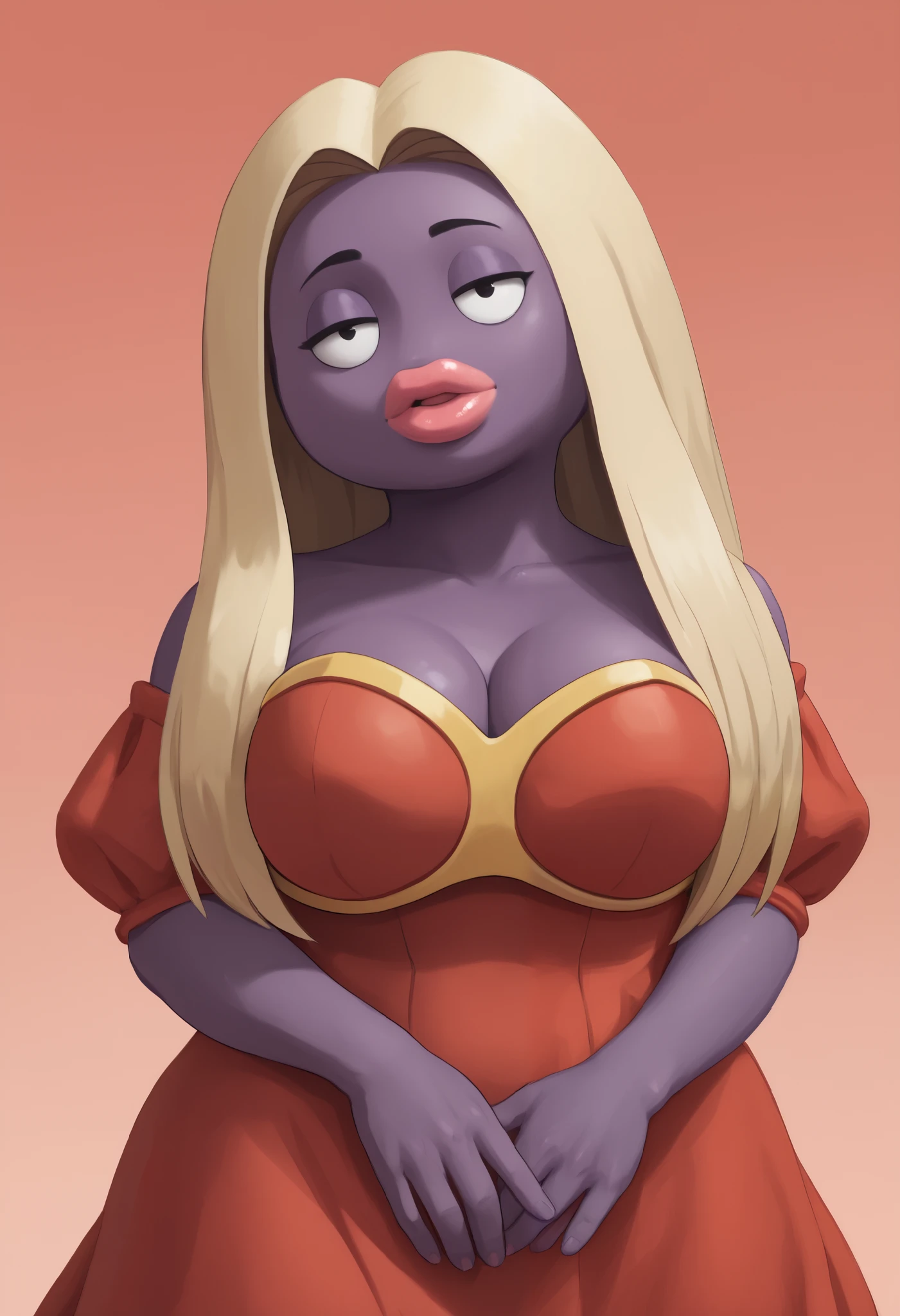 score_9, score_8_up, score_7_up, rating_explicit, gradient background,  1girl,  colored skin, lips, thick lips, pokemon (creature),  no people,  long hair,  blond hair ,  with black eyes,  dress , red  dress , (short steak:1.3),  purple skin , Puffy shoulders ,  big breasts ,  wide hips, bedroom eyes,  looks at the viewer,   cleavage  , close-up,  head tilt , Bust,
