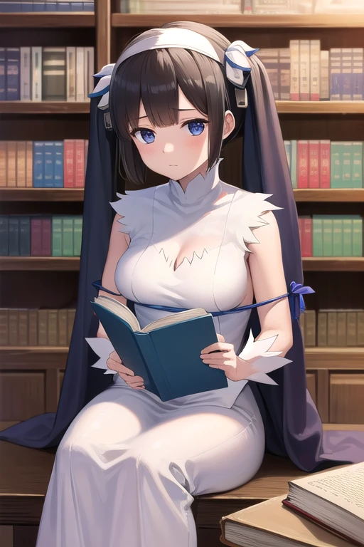 danmachi Hestia,  Hestia, in the room, one girl,((empty eyes)),((simple eyes)),read book , one girl,Bookshelf,sit, black hair twin tails,((looking at book)),(nun)