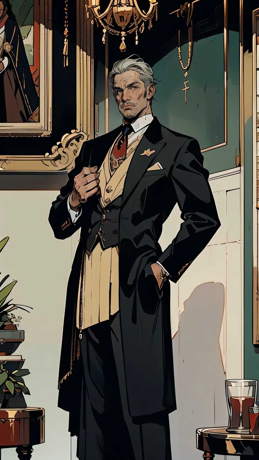 “A stern and powerful Italian man in his fifties, dressed in an immaculate black suit with a white dress shirt and a red tie. He stands with his hands behind his back in an opulent, dimly lit room, filled with heavy wooden furniture and ornate decorations. His short, graying hair and deep-set eyes reflect his ruthless and calculating nature. His posture is rigid, exuding authority and control. Behind him, a large portrait of the Russo family hangs on the wall, symbolizing the weight of tradition he carries.”
