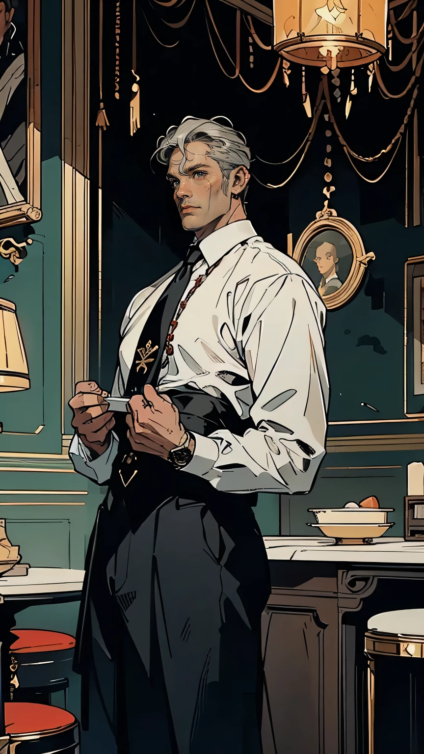 “A stern and powerful Italian man in his fifties, dressed in an immaculate black suit with a white dress shirt and a red tie. He stands with his hands behind his back in an opulent, dimly lit room, filled with heavy wooden furniture and ornate decorations. His short, graying hair and deep-set eyes reflect his ruthless and calculating nature. His posture is rigid, exuding authority and control. Behind him, a large portrait of the Russo family hangs on the wall, symbolizing the weight of tradition he carries.”