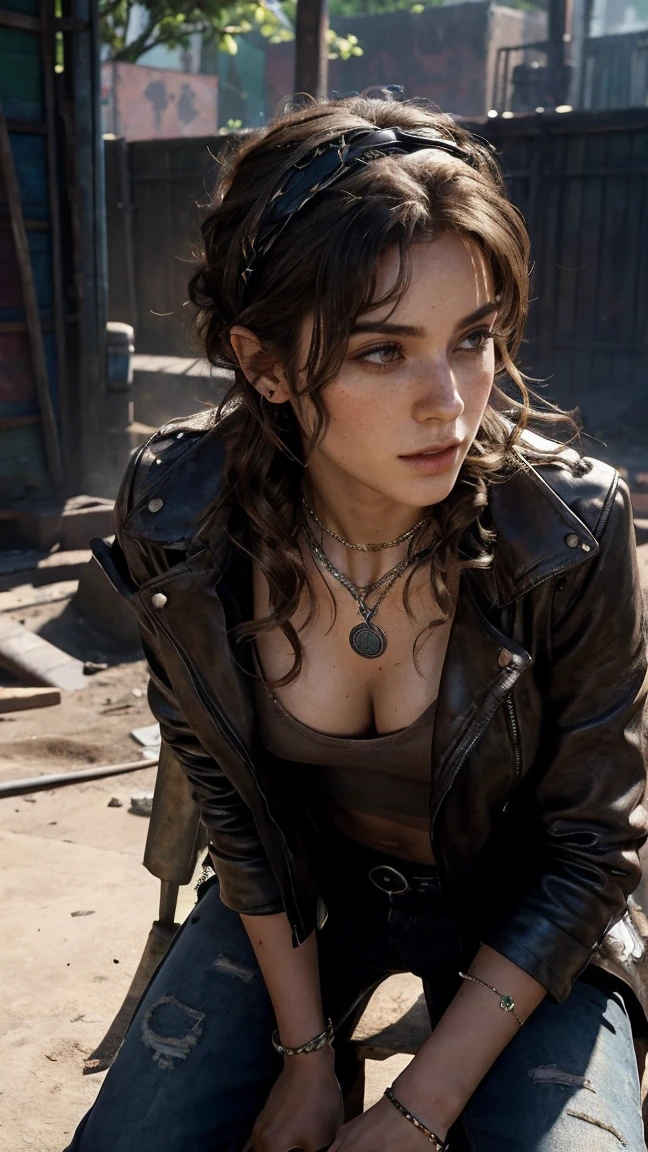 (masterpiece), best quality, HD, 4K, perfect face, brown hair, freckles, warm eyes, hetero, torned dirt leather Jacket, hairband,  long messy hair, knee, collarbone, hot, sweats, slum background necklace, piercings, rdr, bracelets, jewellery, navel piercings, drugged, addict junkies, chains, mud dirty, 