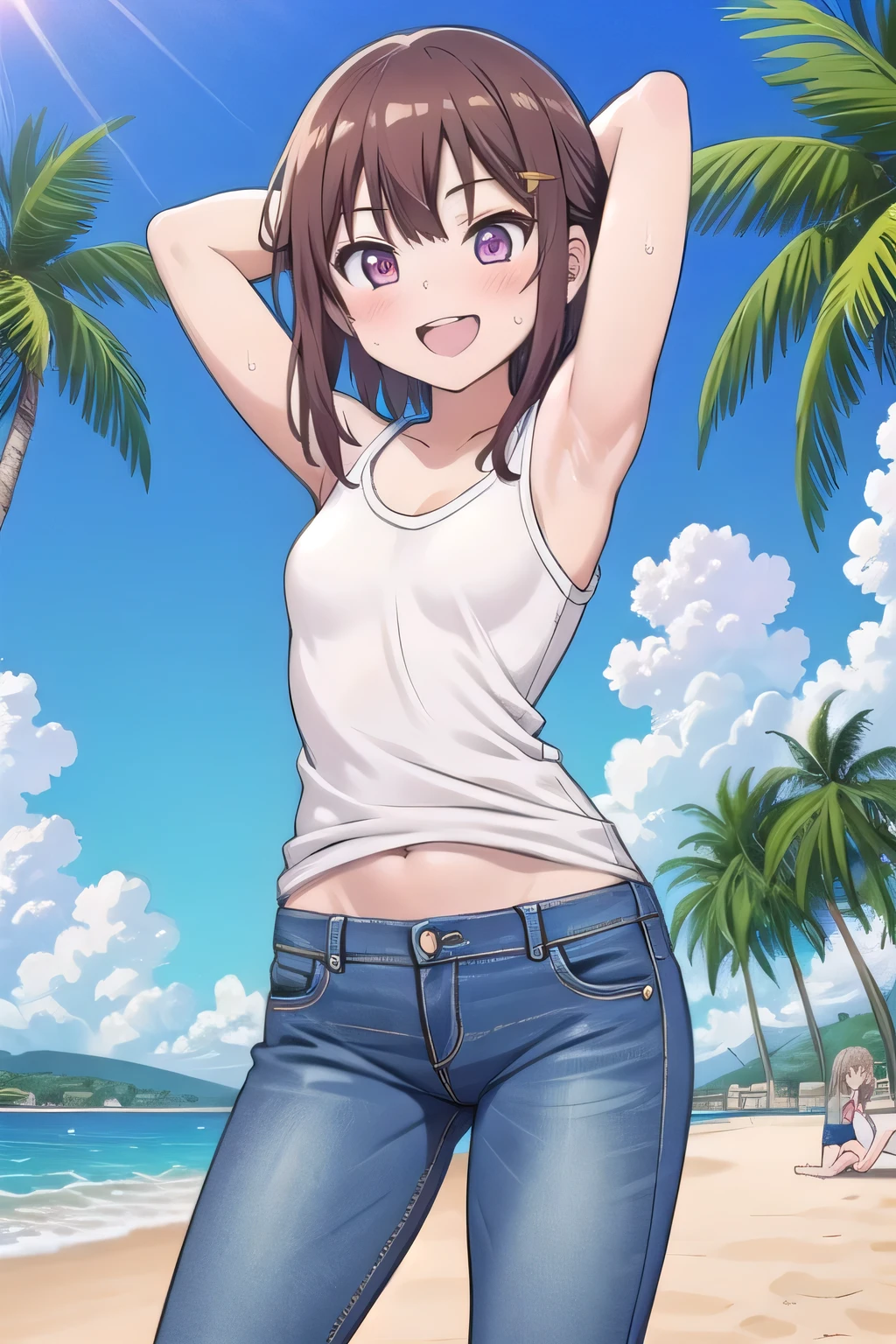 masterpiece,best quality,ultra detail,1girl, 14yo, petite, ((round face, ecstasy, orgasm face, drooping eyes, shame smiling, blush)), dropping eyes, sleepy, background((under the beach, (day:1.2), palm tree, bright sky)), megumin, brown hair, short hair, arms behind head, contrapposto, spread armpits, looking at viewer,, white tank top, white crop top, (jeans pants:1.2, flares jeans:1.2, skinny jeans:1.2, blue jeans:1.2), standing, (legs spread:1.2), dynamic pose, Sweaty crotch, Steam from the crotch, (view wide:1.2), medium body