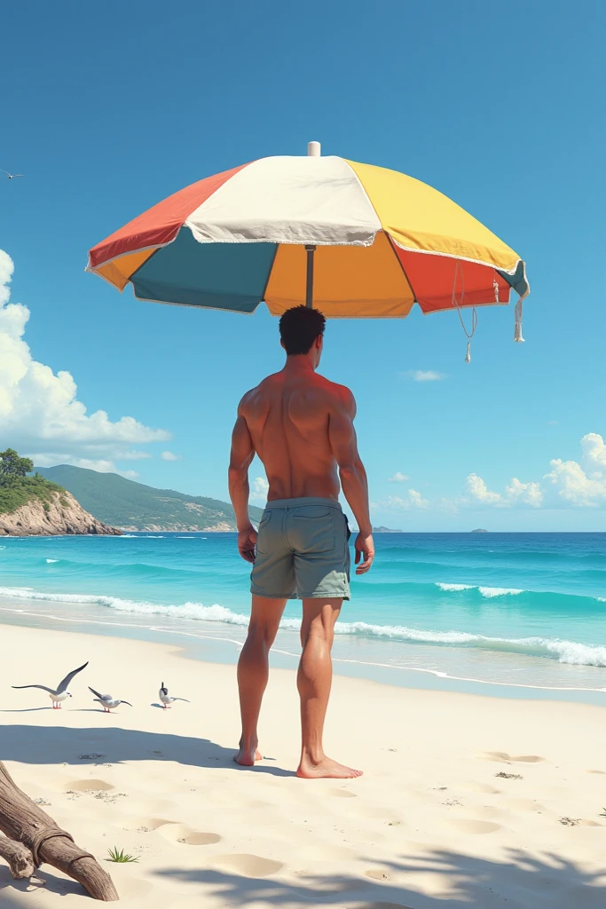 Kim Namjoon posing on the beach shirtless with shorts showing his member