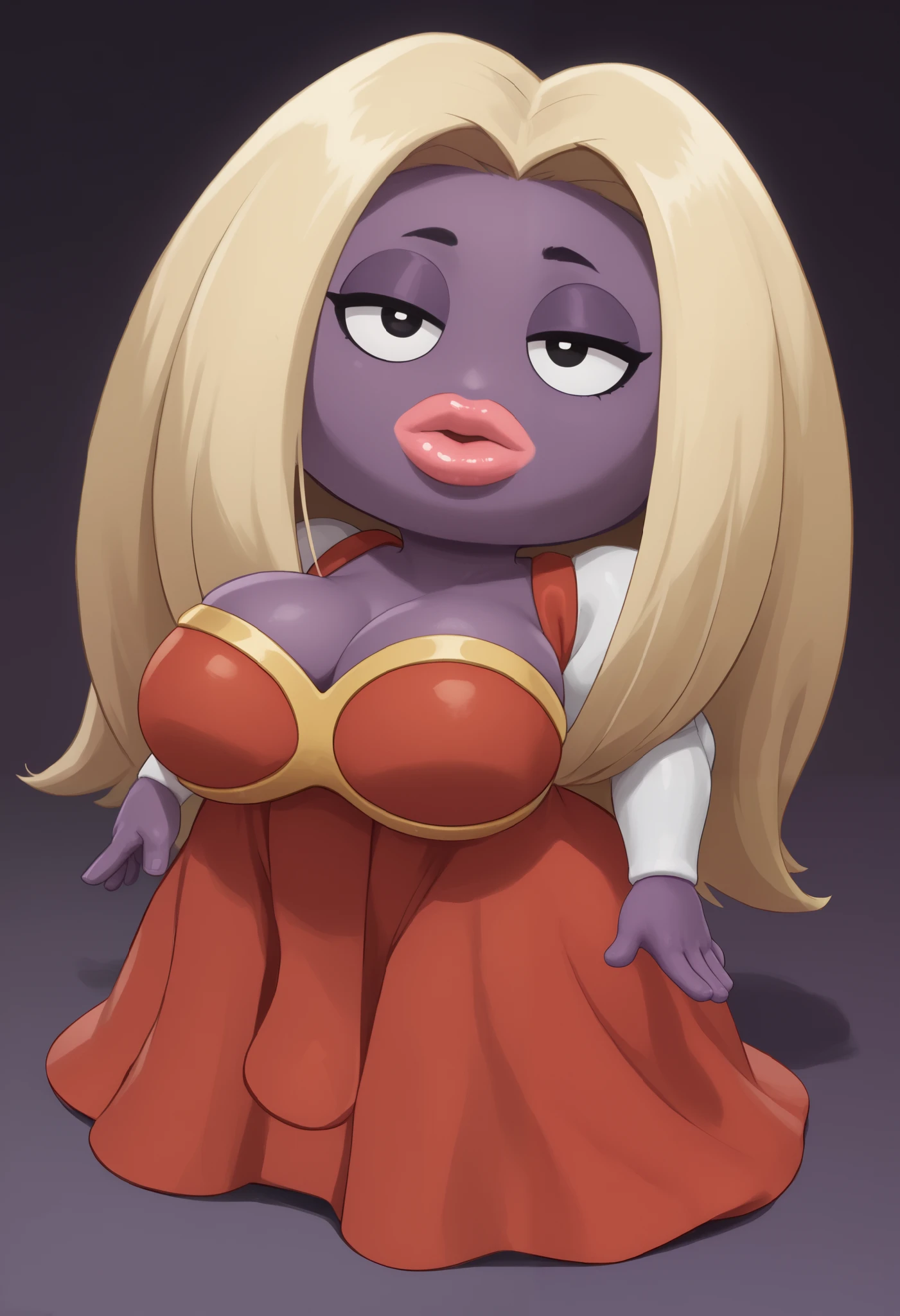 score_9, score_8_up, score_7_up, rating_explicit, gradient background, 1girl, colored skin, lips, thick lips, pokemon (creature), no humans, long hair, blonde hair, black eyes, dress, red dress, (shortstack:1.3), purple skin, puffy shoulders, large breasts, wide hips, bedroom eyes, looking at viewer, cleavage, close-up, head tilt, bust portrait,
