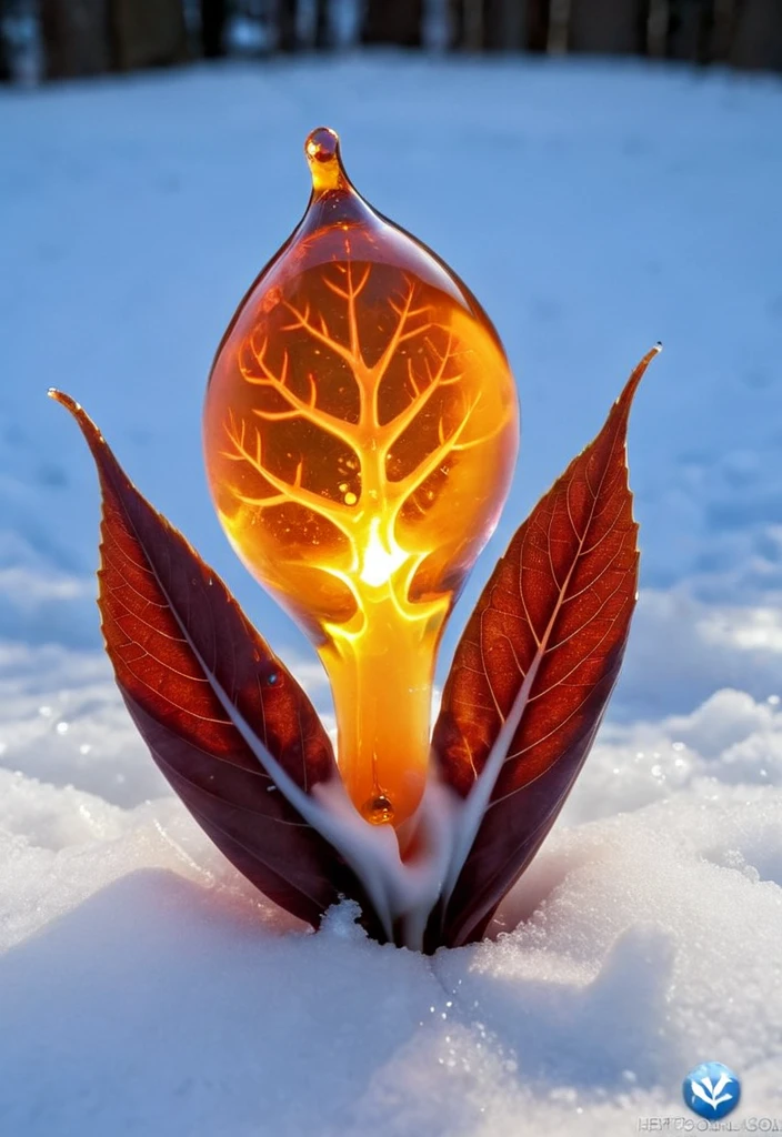 photo of frozen flame, leaf insdide liquide drop, snow crystals, surrounded by a magic glow