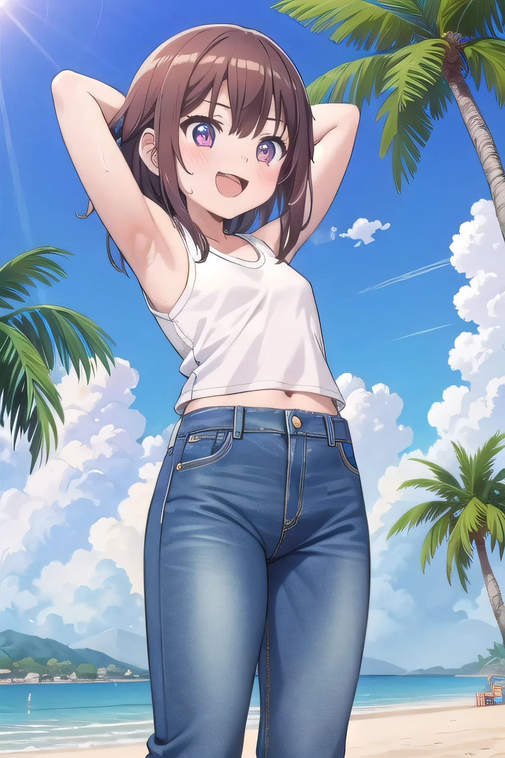 masterpiece,best quality,ultra detail,1girl, **yo, ***ite, ((round face, ecstasy, orgasm face, drooping eyes, shame smiling, blush)), dropping eyes, sleepy, background((under the beach, (day:1.2), palm tree, bright sky)), megumin, brown hair, short hair, arms behind head, contrapposto, spread armpits, looking at viewer,, white tank top, white crop top, (jeans pants:1.2, flares jeans:1.2, skinny jeans:1.2, blue jeans:1.2), standing, (legs spread:3:1), dynamic pose, Sweaty crotch, Steam from the crotch, (view wide:1.15), from below