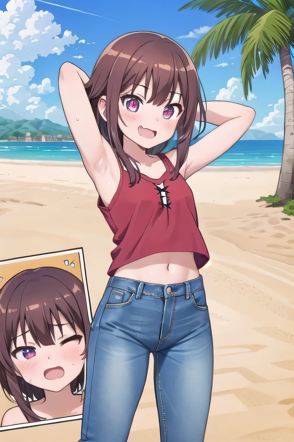 masterpiece,best quality,ultra detail,1girl, yo, pee, ((round face, ecstasy, orgasm face, drooping eyes, shame smiling, blush)), dropping eyes, sleepy, background((under the beach, (day:1.2), palm tree, bright sky)), megumin, brown hair, short hair, arms behind head, contrapposto, spread armpits, looking at viewer,, white tank top, white crop top, (jeans pants:1.2, flares jeans:1.2, skinny jeans:1.2, blue jeans:1.2), standing, (legs spread:1.2), dynamic pose, Sweaty crotch, Steam from the crotch, (view wide:1.2), Whole body