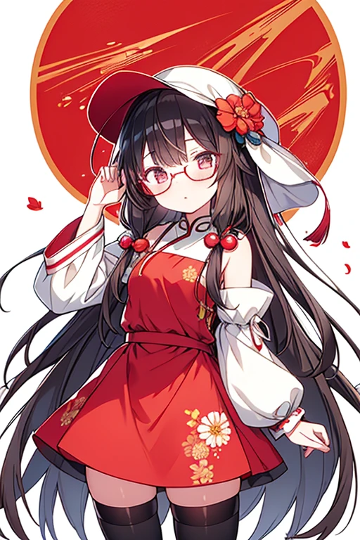 masterpiece, 1girl, ,htcherries, very long hair, brown hair, hair rings, hair between eyes, red eyes, flower-shaped pupils, eyewear on head, round eyewear, sunglasses, white hat, white and red dress, Chinese clothes, detached sleeves, black thighhighs, 