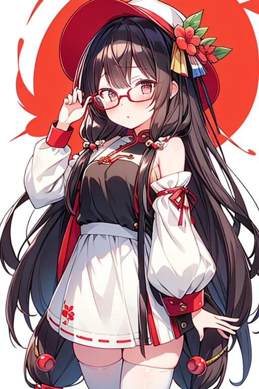 masterpiece, 1girl, ,htcherries, very long hair, brown hair, hair rings, hair between eyes, red eyes, flower-shaped pupils, eyewear on head, round eyewear, sunglasses, white hat, white and red dress, Chinese clothes, detached sleeves, black thighhighs, 