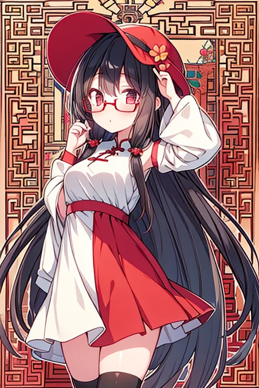 masterpiece, 1girl, ,htcherries, very long hair, brown hair, hair rings, hair between eyes, red eyes, flower-shaped pupils, eyewear on head, round eyewear, sunglasses, white hat, white and red dress, Chinese clothes, detached sleeves, black thighhighs, 