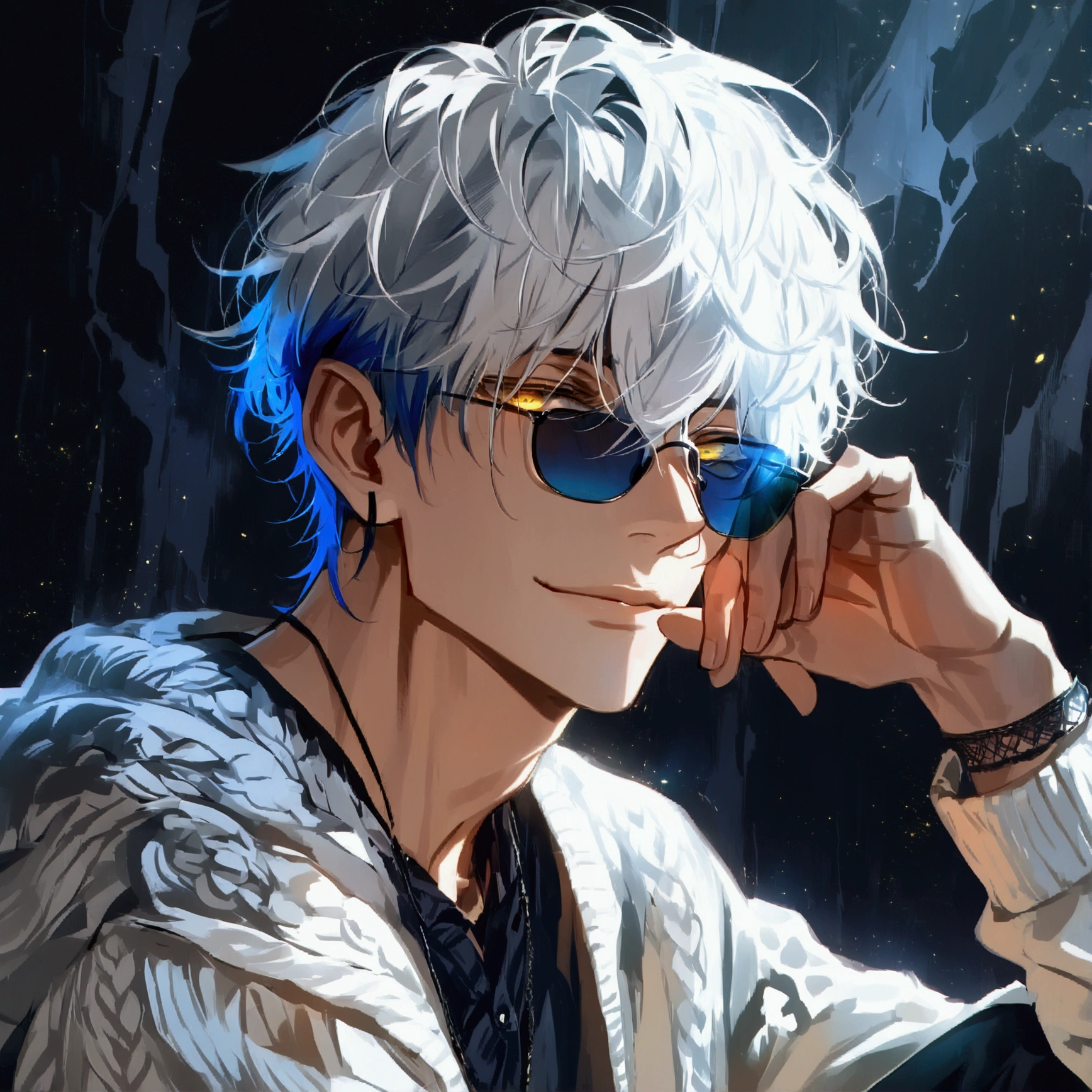 (solo), (1 male), handsome men, (one man with white hair with Blue inner hair color, yellow eyes), Bob hair, messy hair, sunglasses,((masterpiece)), (dark background: 1.3), (stylish), White cardigan ,dynamic angle, (detailed face, detailed eyes, proportional hands, proportional anatomy), sitting in a relaxed pose, sinister atmosphere, a nihilistic smile