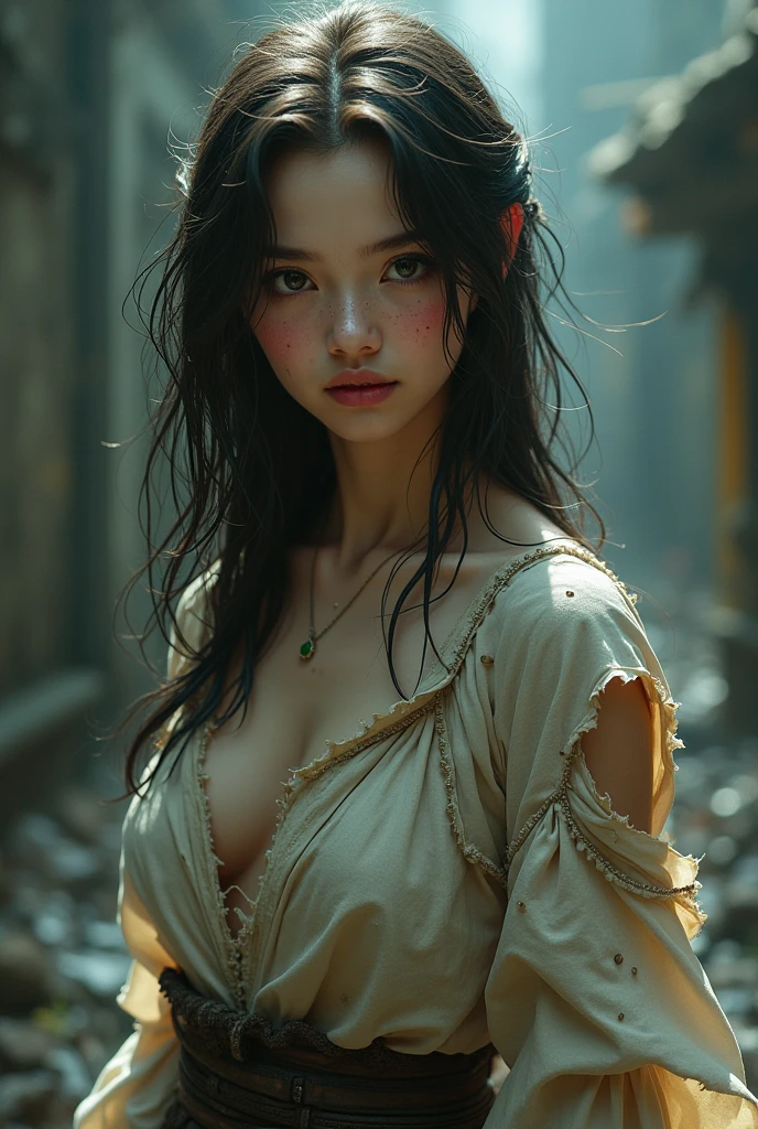 Beautiful warrior, pre-Hispanic, Karol Sevilla , visible breasts, vagina visible, in the middle of a battle, beautiful face, well detailed body,