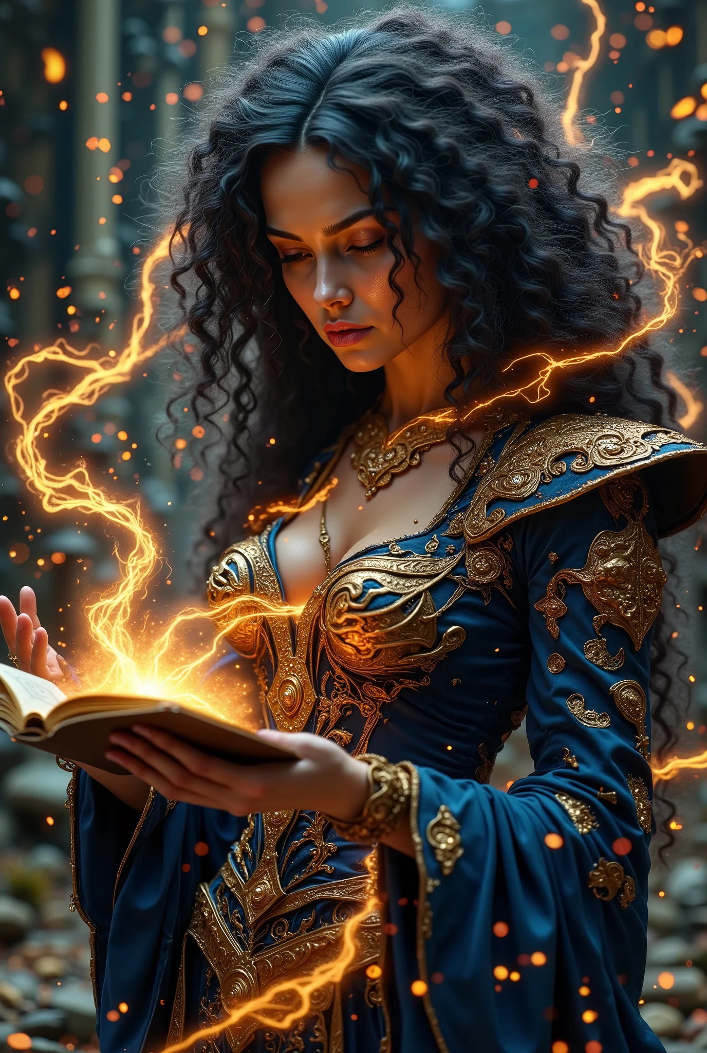  The Magician with Curvy Hair is dressed in a Beautiful Outfit, Conjures Magic Symbols , beautiful,  masterpiece fails, 8 k,  complex details ,  maximum quality ,  better quality ,