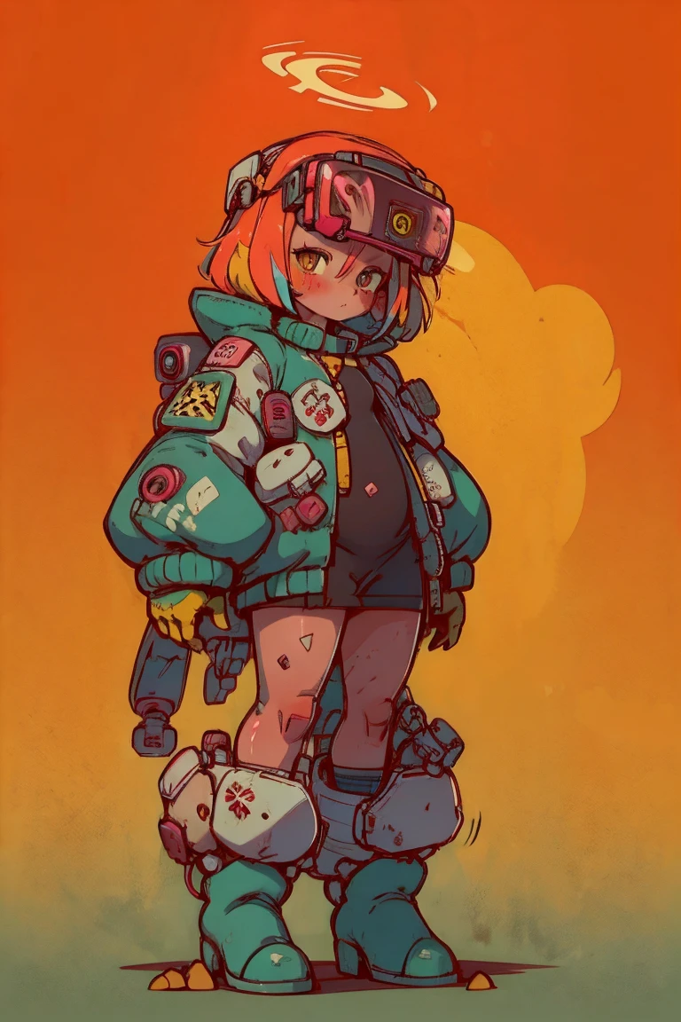   Full Body Portrait , (  super detailed ,   super high res ,   detailed background ),((2D)),((  flat color)),((achromatic  )),  One girl ,,   viewers,   loose red flight suit  ,   wear large sheepskin colored bomber jacket, ( big yellow boots  ),  Plush color  ,   Full Body Portrait ,  wear VR goggles , ((  Baron Desert Intracat background  )), ((Doomsday City)),   Expressing the whole body , ((  drone next to her  )), Pop Art Style, exoskeleton