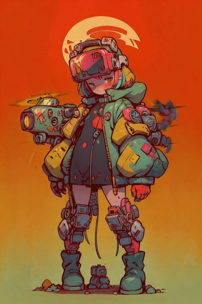   Full Body Portrait , (  super detailed ,   super high res ,   detailed background ),((2D)),((  flat color)),((achromatic  )),  One girl ,,   viewers,   loose red flight suit  ,   wear large sheepskin colored bomber jacket, ( big yellow boots  ),  Plush color  ,   Full Body Portrait ,  wear VR goggles , ((  Baron Desert Intracat background  )), ((Doomsday City)),   Expressing the whole body , ((  drone next to her  )), Pop Art Style, exoskeleton