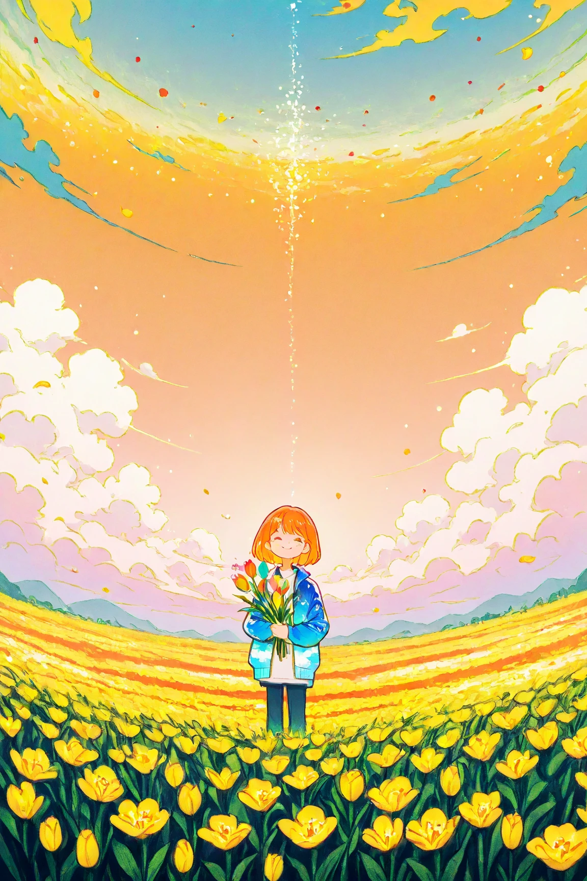  Smiling Middle-Aged Woman Holding a Bouquet of Flowers in a Tulip Field 、 Colorful Color Art ,  ,  Artwork” , Art Cover,   Psychedelic Hip Hop Album Jacket、In the flower field, perfect artwork, Painting Flower  ,  Artist's Magnificent Paintings , surrealist  , White Clouds on Orange Sky  , Yellow Petals Cover the Sky ,Detailed flower depiction