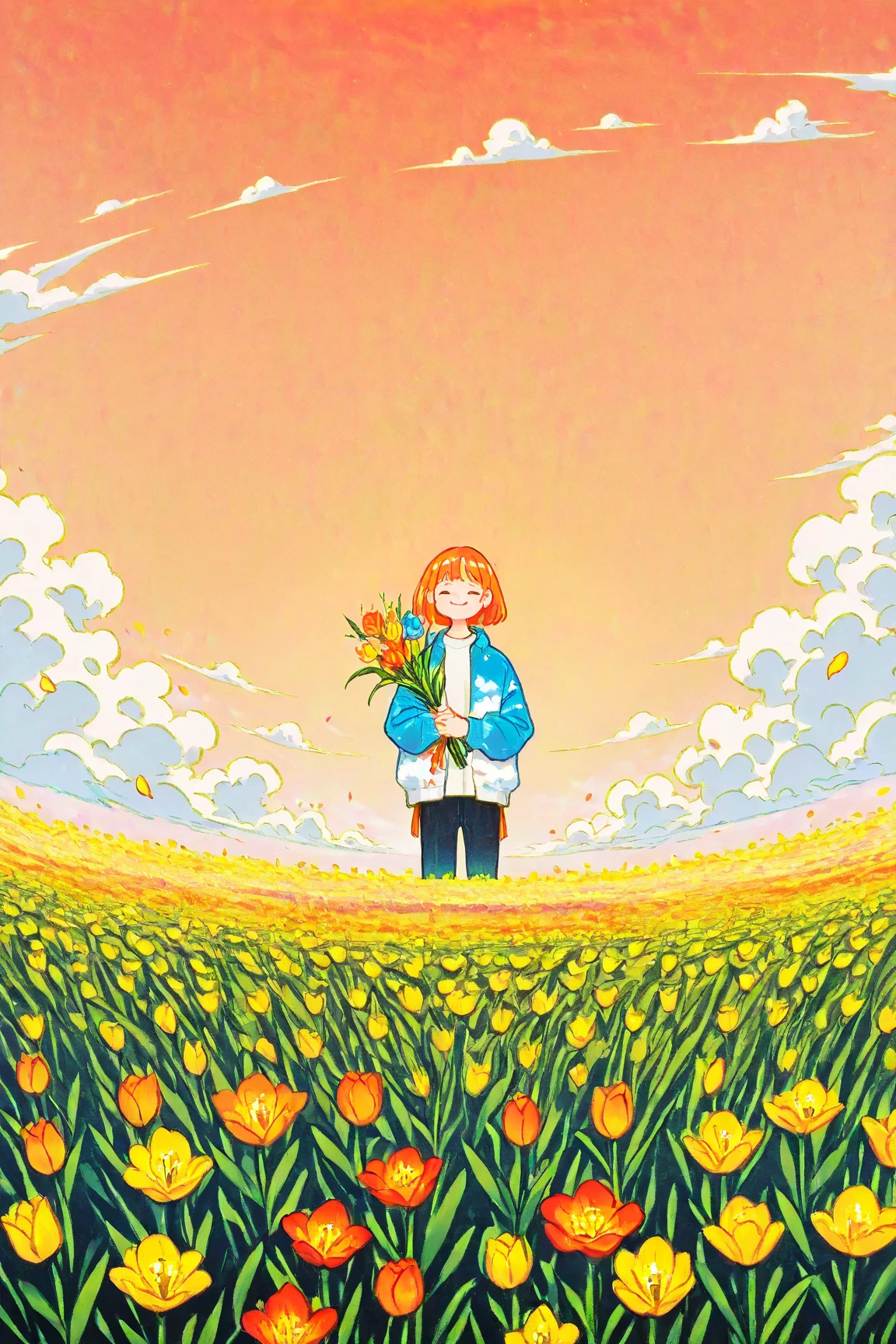  Smiling Middle-Aged Woman Holding a Bouquet of Flowers in a Tulip Field 、 Colorful Color Art ,  ,  Artwork” , Art Cover,   Psychedelic Hip Hop Album Jacket、In the flower field, perfect artwork, Painting Flower  ,  Artist's Magnificent Paintings , surrealist  , White Clouds on Orange Sky  , Yellow Petals Cover the Sky ,Detailed flower depiction