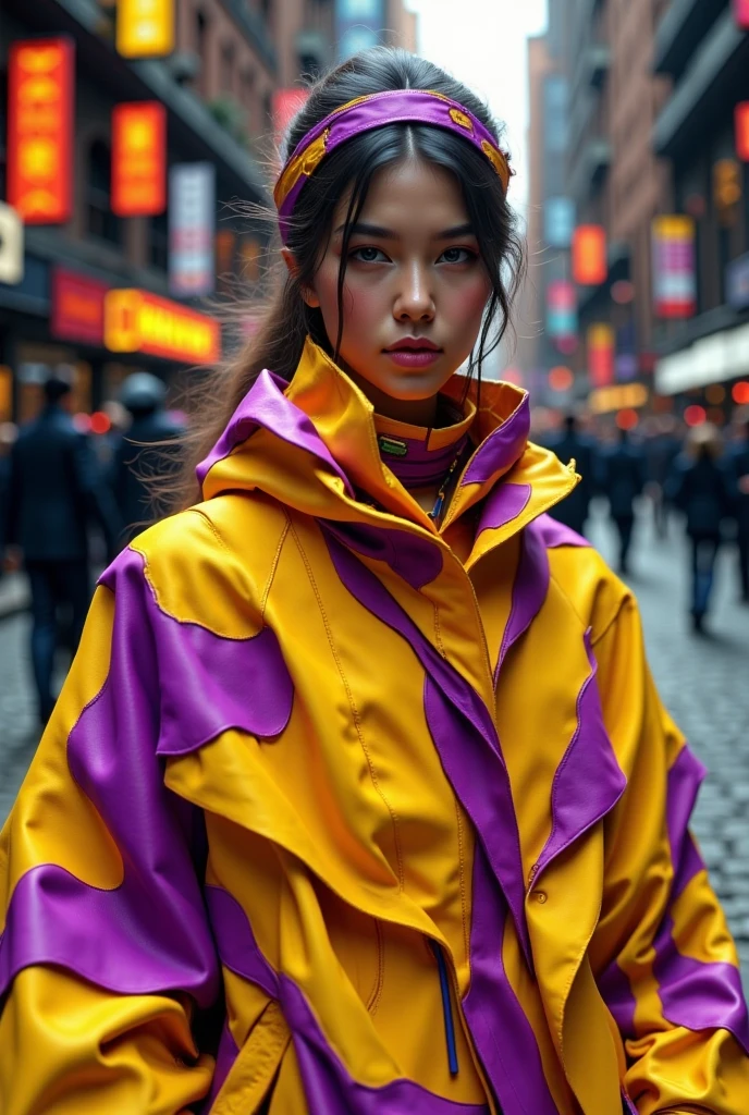  Coat Beautiful Trendy Designer ,  Colors Bright yellow with purple stripes, Beautiful Fashion Masterpiece , 8 k,  Lots of Details ,