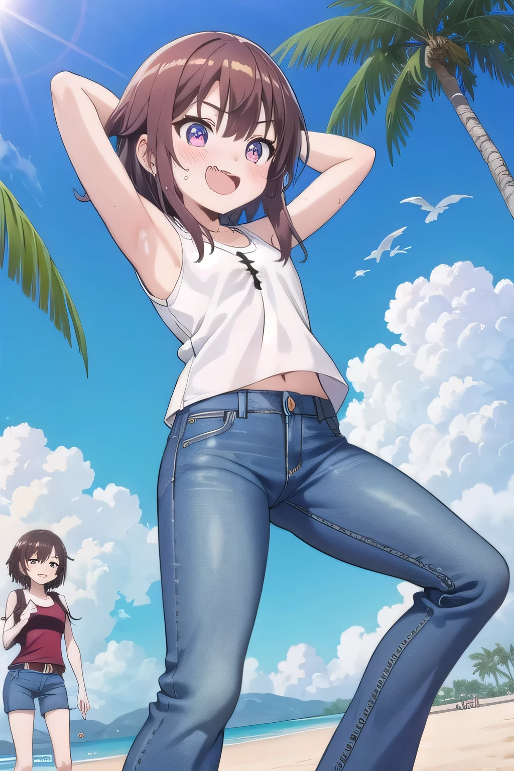 masterpiece,best quality,ultra detail,1girl, 14yo, petite, ((round face, ecstasy, orgasm face, drooping eyes, shame smiling, blush)), dropping eyes, sleepy, background((under the beach, (day:1.2), palm tree, bright sky)), megumin, brown hair, short hair, arms behind head, contrapposto, spread armpits, looking at viewer,, white tank top, white crop top, (jeans pants:1.2, flares jeans:1.2, skinny jeans:1.2, blue jeans:1.2), standing, (legs spread:3:1), dynamic pose, Sweaty crotch, Steam from the crotch, (view wide:1.15), from below