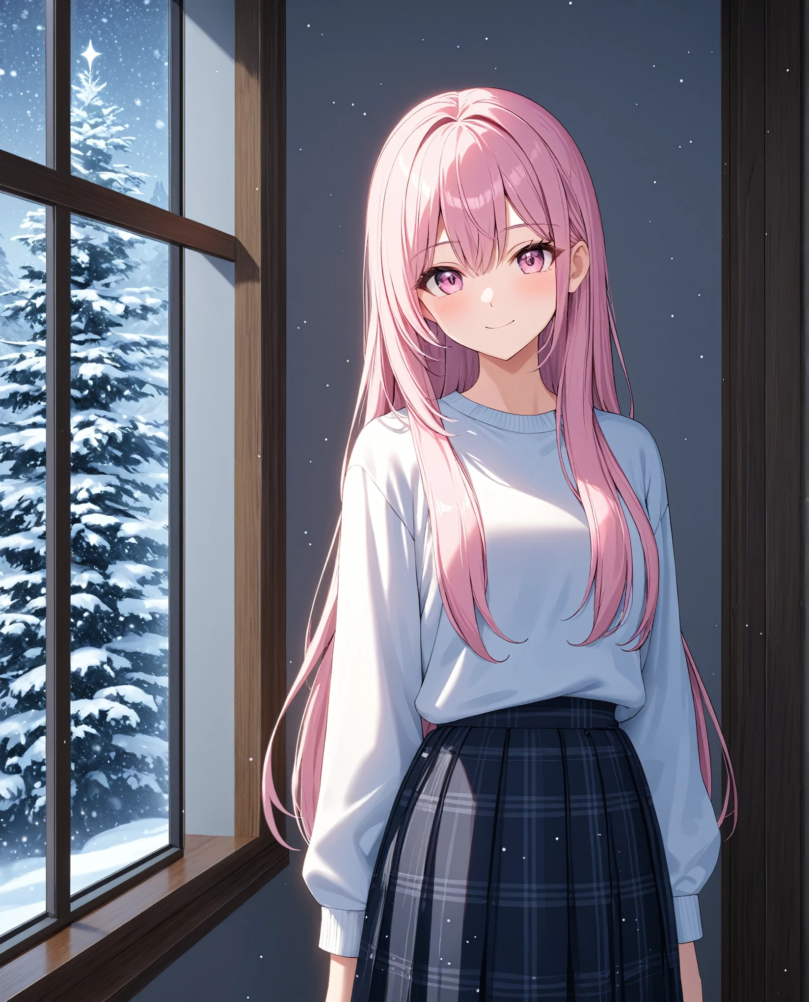 1girl, solo, Pink Shine Bright Hair, hair between eyes, Long hair, loose hair, aesthetic detailed eyes, (Pink shiny Bright Eyes), bright pink eyes, (pale cheeks), (skin colored cheeks), Mesmerise, Little smile, closed mouth, (half body, cowboy shot), BREAK
(white shirt, dark blue knee-length skirt, long skirt), BREAK
(indoors, standing near the window, snowing outside, Christmas eve,winter, evening, lights), BREAK
HDR, 8K, masterpiece, best quality, amazing quality, very aesthetic, high resolution, ultra-detailed, absurdres, newest, scenery,
masterpiece, scenery, aesthetic detailed background, best quality, game cg aesthetics, sharp focus, sharp details, beautiful detailed eyes, detailed skin, detailed hair, light particles, photo background, depth of field,
(masterpiece), best quality, ultra-detailed, 1024k UHD wallpaper, ultra-high resolution, depth of field, HDR, Ray tracing, RTX, high saturation, photon mapping, best texture quality, best compotitions, (extremely detailed CG 1024k wallpaper), High Details, Detailed face, Detailed Clothes, Ultra HD Photo, Perfect Face, expressive eyes, pale cheeks