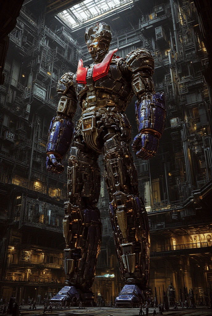  a very realistic version of the modified Mazinger Z,  stands 100 meters high ahead .   It's built with modern materials such as steel  ,   Carbon Fiber  ,   Other industrial elements are also visible  ,   just like the real thing  ,   has been carefully recreated 。.  set in a modern nuclear reactor facility 、 an industrial environment where a high voltage current flows and emits light   ,   Masinger Z standing around  ,   are illuminated by natural light  、  A huge structure highlighted by realistic shadows  . LED light lighting  　Gundam