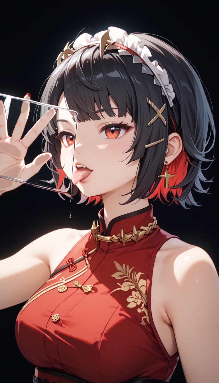 masterpiece， high resolution，Anime Art，Anime Numbers， 4k anime wallpaper，Soft Light， radiant skin， unique ，An anime girl，Close up of licking glass， black hair， ombre short hair， red cheongsam， black pantyhose ， red eyes， black shark tail， black background