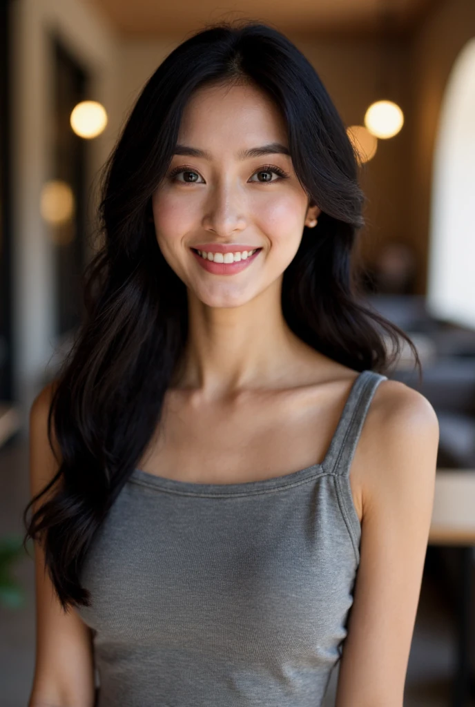 This is a  beautiful photograph of a woman, black hair cascading over her shoulders. She is wearing a boatneck dress, Standing in a cafe. Looking at the viewer. Smile.