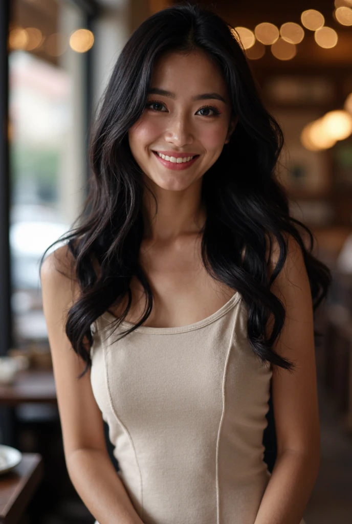 This is a  beautiful photograph of a woman, black hair cascading over her shoulders. She is wearing a boatneck dress, Standing in a cafe. Looking at the viewer. Smile.