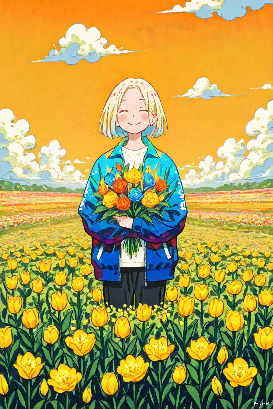  Smiling Middle-Aged Woman Holding a Bouquet of Flowers in a Tulip Field 、 Colorful Color Art ,  ,  Artwork” , Art Cover,   Psychedelic Hip Hop Album Jacket、In the flower field, perfect artwork, Painting Flower  ,  Artist's Magnificent Paintings , surrealist  , White Clouds on Orange Sky  , Yellow Petals Cover the Sky ,Detailed flower depiction